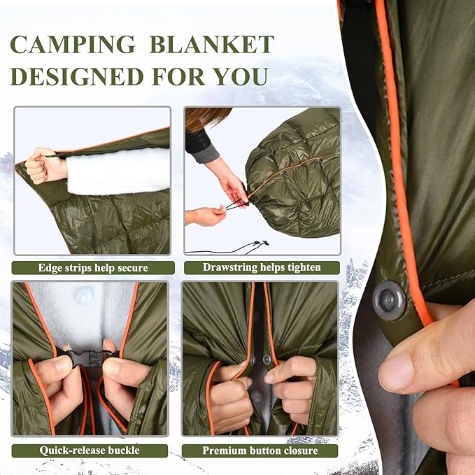 Down Camping Blanket - Packable Down Camping Quilt Backpacking Lightweight Waterproof Outdoor Hiking Stadium Warm Puffy Sleeping Bag 55"x79" Water Resistant Camp Travel Blanket, Green Orange