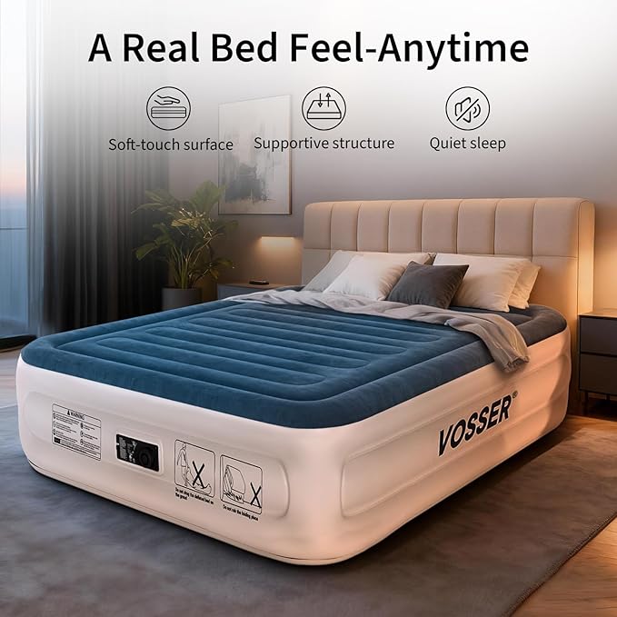 VOSSER Queen Air Mattress with Built-in Pump,Fast & Easy Inflation/Deflation Inflatable Mattress, Foldable Blow Up Mattress with Storage Bag, Inflatable Bed for Home, Camping & Guests