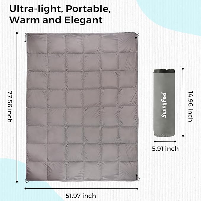 SUNNYFEEL Outdoor Camping Blanket,52"x78", Lightweight Down Waterproof Nylon Blanket Quilt for Traveling Hiking Picnic Stadium Beach Party，Grey