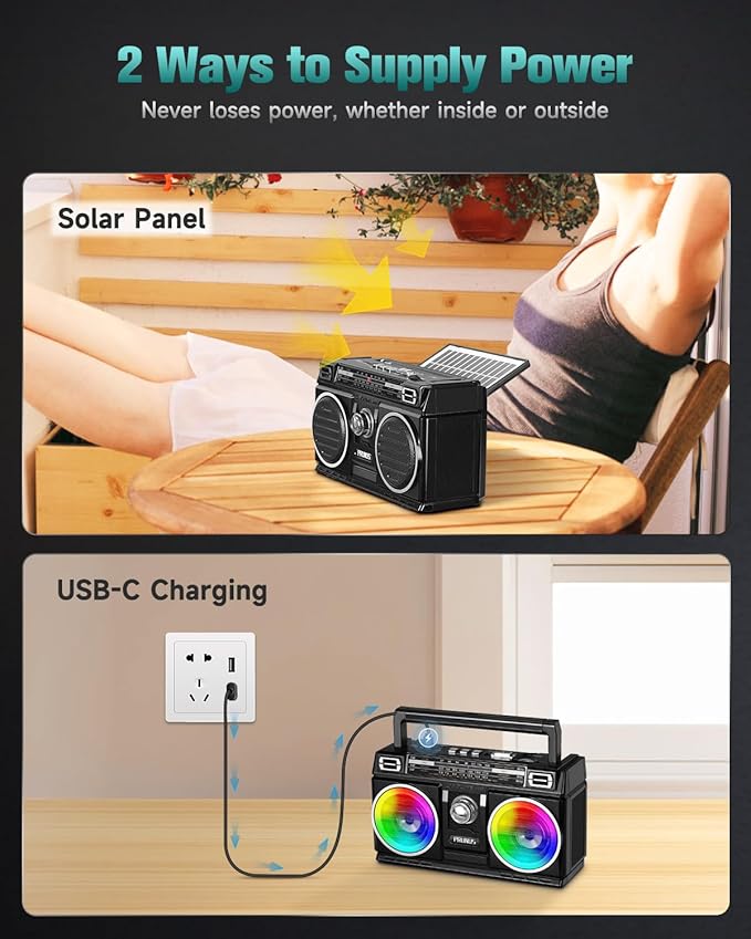 PRUNUS 750 AM FM Radio Portable with Bluetooth Dual Speakers, Gifts for Dad and Mom, USB/TF Card Playback, USB-C/Solar Rechargeable Radios, Bluetooth Radio, Transistor Radios Portable AM FM