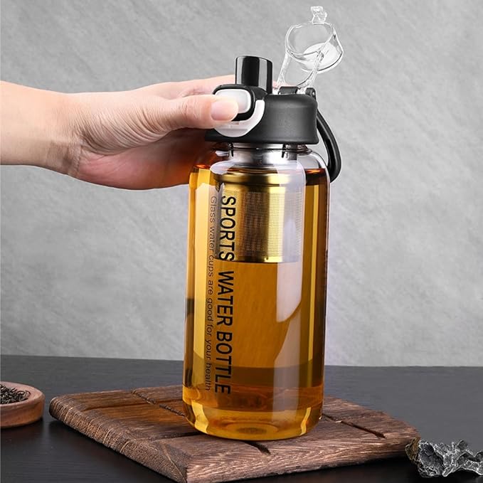 Glass Tea Bottle with Infuser - Gass Tea Tumbler with Infuser, Borosilicate Glass Infuser Water Bottle with Straw, Sleeve,Lock Lid and Handle, Leakproof (1500ML)