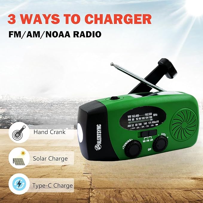 iRonsnow Solar Emergency Hand Crank Weather Radio, Portable Self Powered NOAA AM/FM Radios with SOS Alarm LED Flashlight 5000mAh Smart Phone USB Charger for Camping (Green)