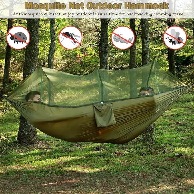 Camping Hammock, Double & Single Portable Hammock with Tree Straps, Lightweight Nylon Hammock Swing Set with Net and Rain Fly Tarp and Pocket for Backpacking Hiking Travel Outdoor(ArmyGreen)
