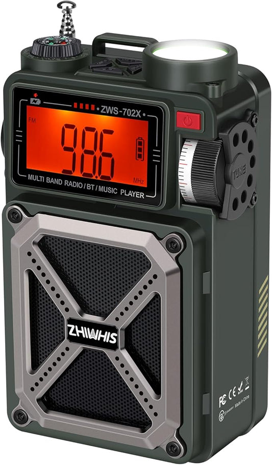 ZHIWHIS Shortwave Radio with Bluetooth, AM/FM/SW/NOAA Weather Emergency Radios, Hand Crank/Solar/4000mAh/SOS/White Noise/Bass/Flashlight/Retro Receiver with Preset, Support USB/TF ZWS-702X