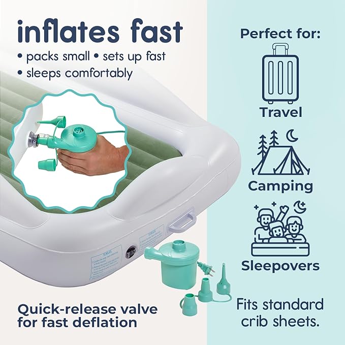 Hiccapop Inflatable Toddler Travel Bed with Safety Bumpers [4-Sided], Portable Toddler Bed for Kids, Toddler Air Mattress, Kids Air Mattress - Sage Green