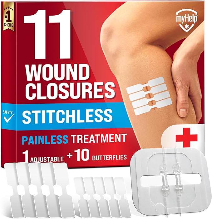 Emergency Wound Closure Strips - 11pk - 2 Types Easy to Use Butterfly Bandages - Stitchless & Painless Laceration Closure Kit