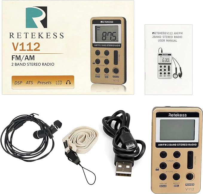 Retekess V112 AM FM Radio Portable, Mini Radio,Digital Tuning Rechargeable Battery LCD Display for Walking Jogging(Gold)