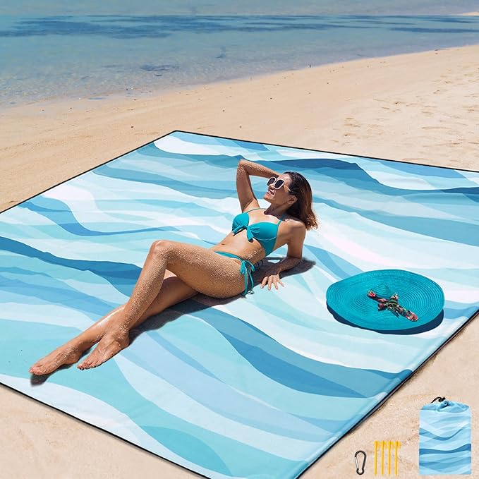 AISPARKY Beach Blanket Waterproof Sandproof Extra Large, Oversized Beach Mat, Quick Drying&Compact&Lightweight, Picnic Blankets Vacation Essentials for Outdoor Beach Camping (79" X 83" (4 Person))