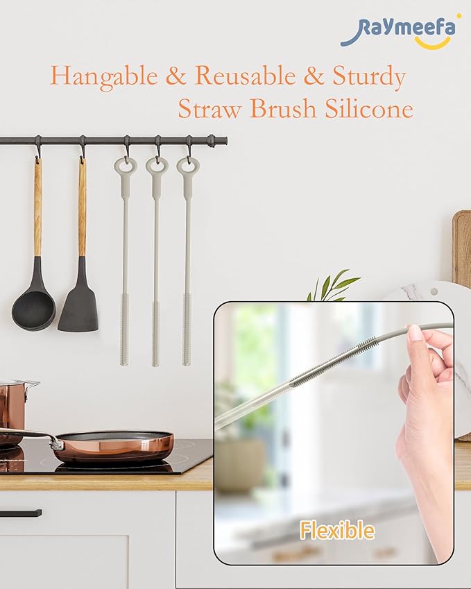 Straw Cleaner Brush Set - Raymeefa Scratch-Free Detail Cleaning for Reusable Straws & Tumblers (Khaki)