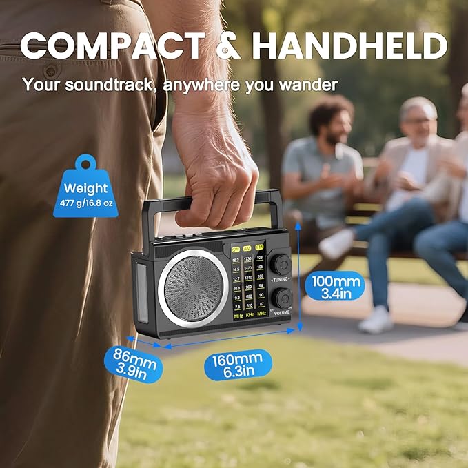 PRUNUS J-135 AM FM Radio Portable Bluetooth, Solar/AA Battery Operated/USB-C Rechargeable for Emergency, Transistor Radios with Flashlight,Support TF Card/USB Playing, Large Knob Easy to Use