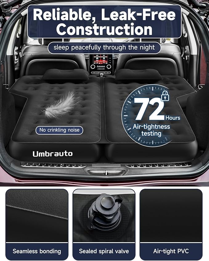 Umbrauto SUV Air Mattress w/Quick-Inflate Car Pump, Durable 2-Chamber Inflatable Van Sleeping Bed for Camping & Travel, Leakproof PVC, Flocked Top