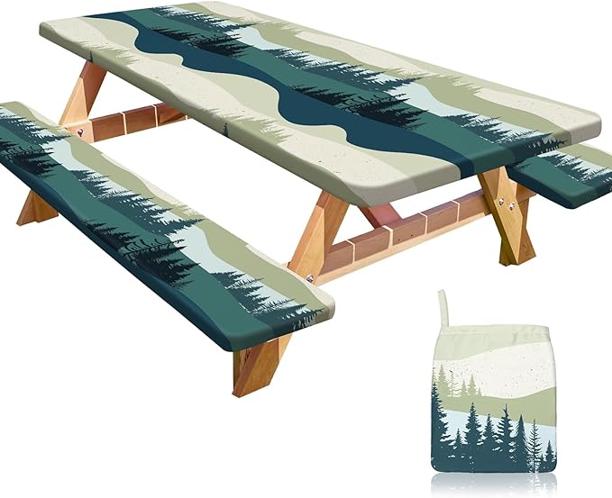Picnic Table Cover with Bench Covers Portable Table Cloth Built-in Storage Pocket Fitted Tablecloth with Elastic Edges Waterproof Camping Essentials for Indoor Outdoor Rv,96in,Green Blue