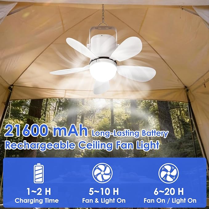 21” Ceiling Fan Light, Battery Operated Gazebo Fan Light with Remote, Portable Rechargeable Ceiling Camping Fan Light for Outside, for Tent Canopy Porch Patio Greenhouse Camping RVs Pergola
