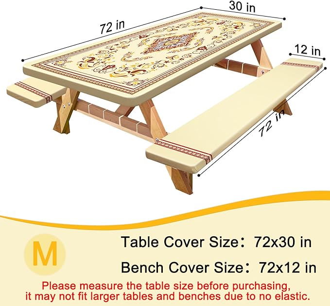 Picnic Table Cover with Bench Covers Portable Table Cloth Built-in Storage Pocket Fitted Tablecloth with Elastic Edges Waterproof Camping Essentials for Indoor Outdoor Rv,72in,Brown