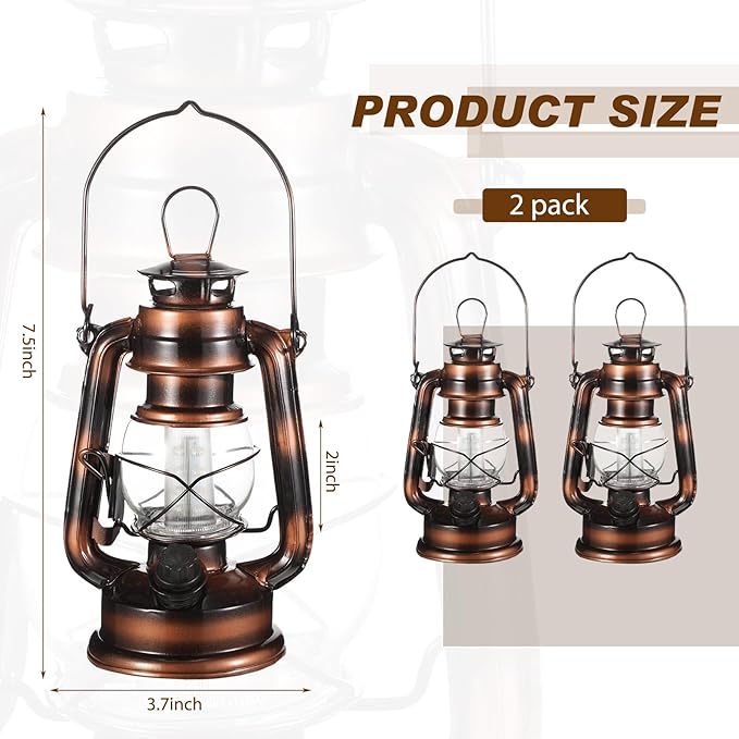 Hortsun 2 Pcs 8 Inch Vintage LED Hurricane Lantern Warm LEDs and Dimmer Switch Battery Operated Farmers Hanging Lantern for Indoor Outdoor Camping Usage Decor