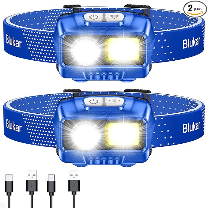Blukar LED Headlamp,2000L Super Bright Rechargeable Headlight Flashlight with White&Red Light 2 Pack - Motion Sensor,Dimmable Brightness,8 Modes,Spotlight&Floodlight,IPX5 Waterproof for Camping-Blue