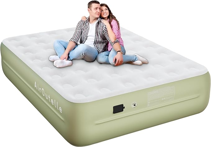 Queen Air Mattress with Battery Pump - USB-C Rechargeable Portable Inflatable Bed, 18 Inch Green Dutch Velvet Surface, 3 Min Fast Inflation for Camping & Home Guest Use