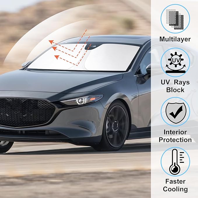 Windshield Sun Shade Custom Fit 2019-2024 2025 2026 Mazda 3 Accessories Mazda3 Hatchback/Sedan Window Shade Cover Foldable Sunshade Front Window Shades Blocker Keeps Cool