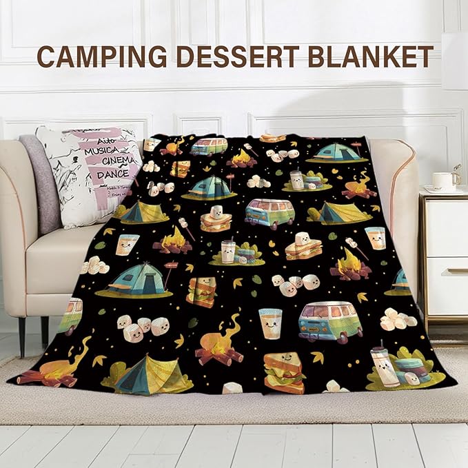 Marshmallow Blanket, Camping Blanket, Gifts for Camping Lovers, Cute S'Mores Blanket, Christmas Camping Gifts for Couples, 50" X 60" Marshmallow Cookie Blankets Birthday Christmas