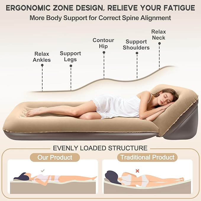 Luxfero Inflatable Couch for Camping, Air Mattress with Adjustable Backrest, Blow Up Couch for Adults with Flocked Surface, Portable Inflatable Lounge Chair, Air Sofa Bed for Indoor/Outdoor-No Pump