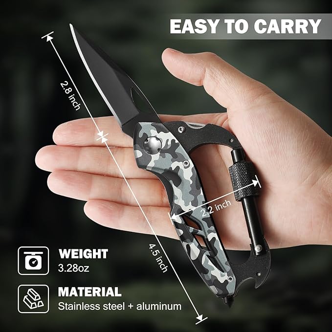 Carabiner Multitool 6-in-1 EDC Carabiners Pocket Knife, Window Breaker, Bottle Opener and Screwdriver,Camping and Mountaineering Survival Equipment for Everyday Carry, Gifts for Men Women（Camo）