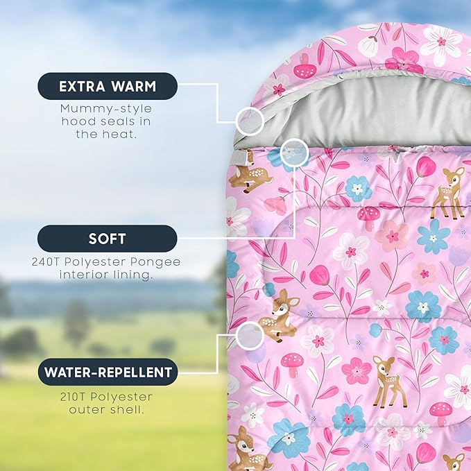 Wake In Cloud - Kids Sleeping Bag for Girls Toddlers, Camping in Warm Cold Weather, Backpacking Lightweight Compact Outdoor Liner for 3 Seasons, Deer Floral Garden