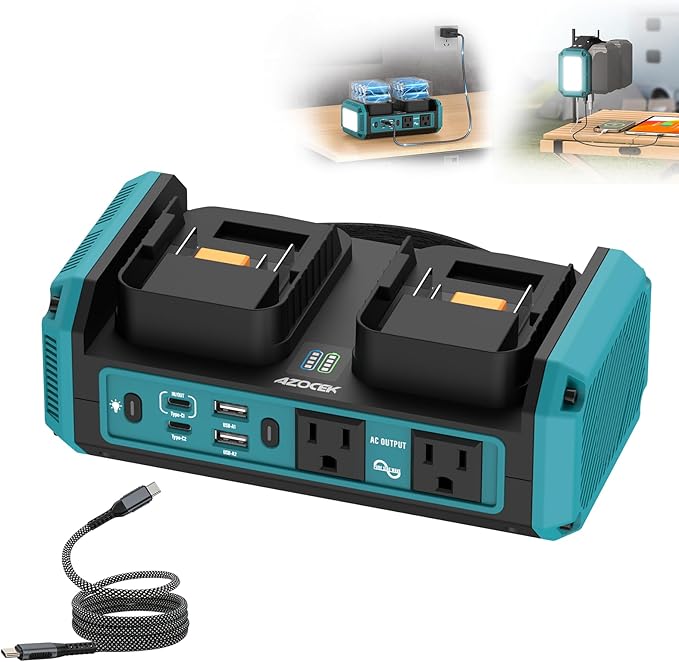 Azocek 350W Power Inverter Pure Sine Wave Compatible with Makita 18V Battery (No Battery), 7A Fast Charger, Portable Power Station with 2 AC Outlets, 2 Type-C (140W/65W), 2 QC USB Ports, 600LM LED
