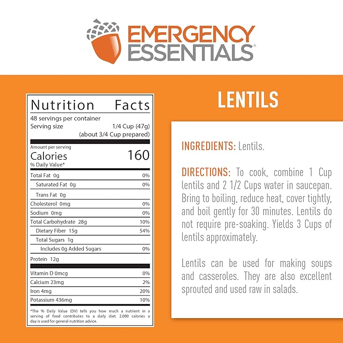 Emergency Essentials Lentils, Long-Term Emergency Food Supply, 48 Servings, 30-Year Shelf Life, High-Protein Vegetarian Survival Food