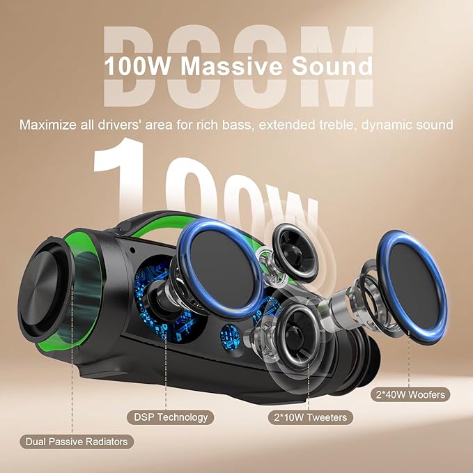 DOSS Extreme Boom Pro Loud Bluetooth Speaker with 100W Stereo Sound, Extra Bass, 20H Playtime, Party-Sync Led Lights, Built-in Power Bank, IPX6 Waterproof for Outdoor, Camping, Pool-Green