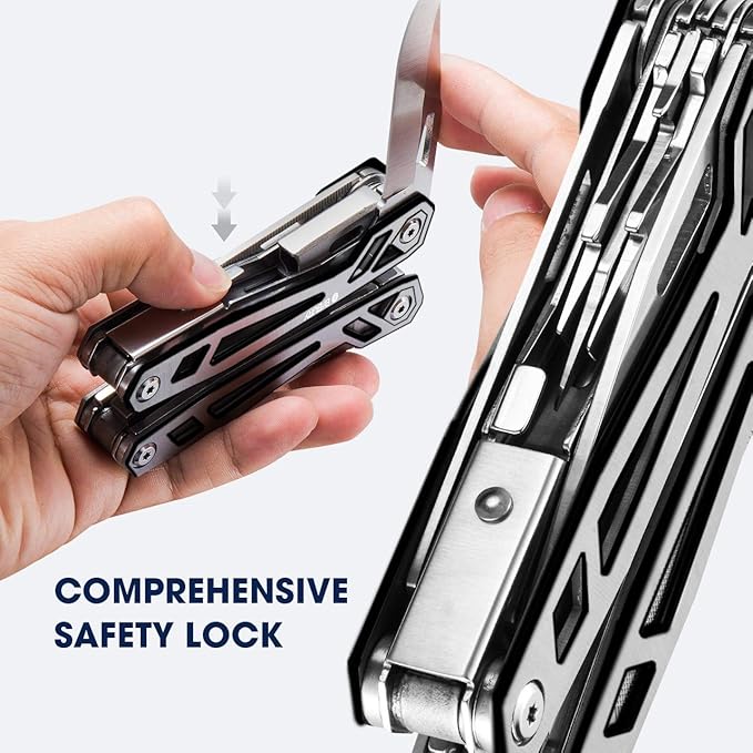 BIBURY Multitool with Pocket Knife, 21-in-1 Stainless Steel Pliers with Screwdriver, Safety Locking Multi tools with EDC Knife for Survival, Camping, Fishing, Repair, Birthday Gifts for Men Women