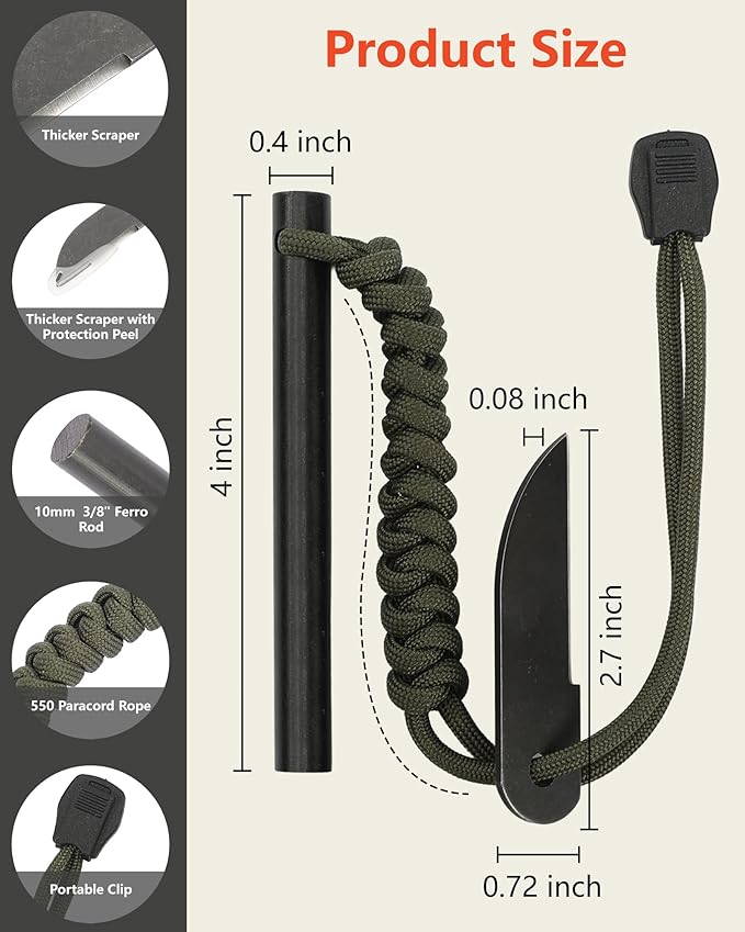 VVAAGG Flint and Steel Fire Starter: 3/8" 4 Inch Ferro Rod Magnesium Rods Survival Tool with Paracord Handle