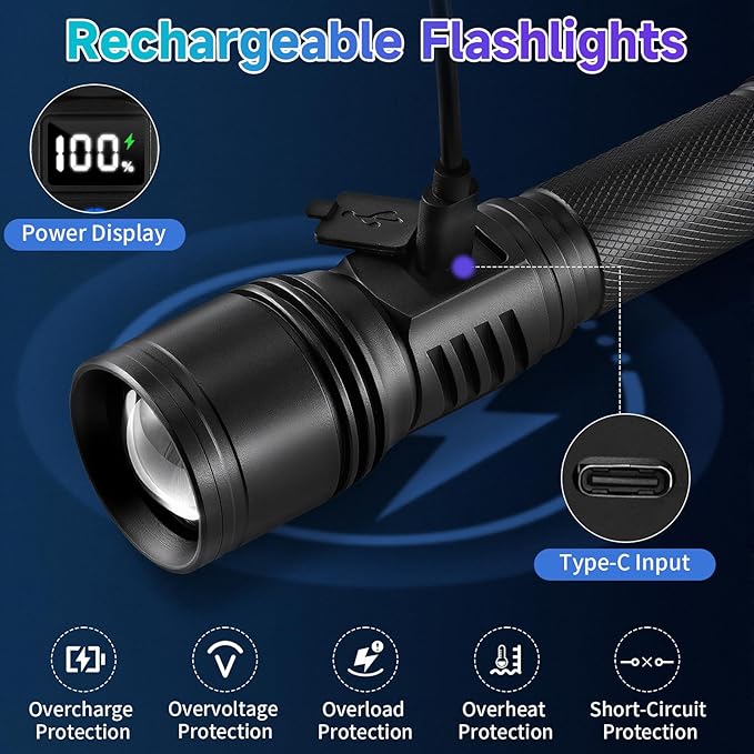 Rechargeable Flashlights High Lumens, 4Pack Super Bright Flashlight Rechargeable, LED Flashlight Powerful, Handheld Tactical Flash Lights for Home Emergencies Camping Essentials, Gifts for Men
