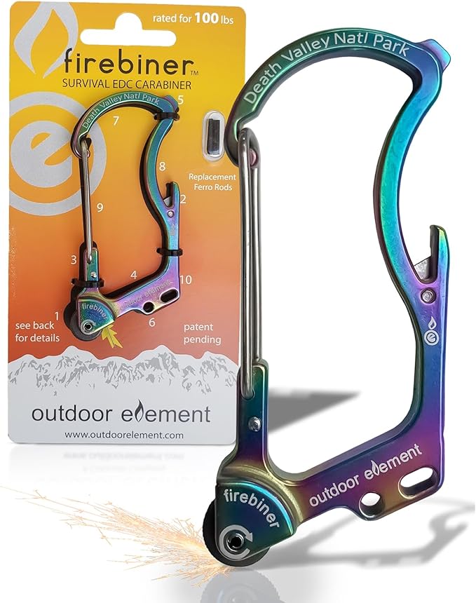 OUTDOOR ELEMENT Firebiner Custom Engraved 6-in-1 Fire Starter Carabiner Multitool – Survival Gear EDC Keychain with Utility Blade, Bottle Opener, Screwdriver, Emergency Tool