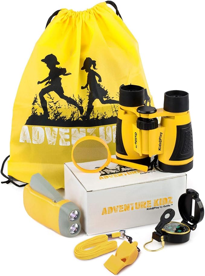 Adventure Kidz Outdoor Exploration Kit, Children’s Binoculars, Flashlight, Compass, Fox Whistle, Magnifying Glass, Backpack. Great Gift Set for STEM, Pretend Play
