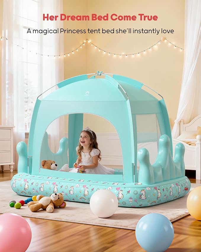 QPAU Princess Inflatable Toddler Bed with Tent, Blow Up Toddler Travel Bed with Sides, Portable Kids Air Mattress for Girls, Ideal for Home, Grandma’s, Camping & Sleepovers – Includes Electric Pump