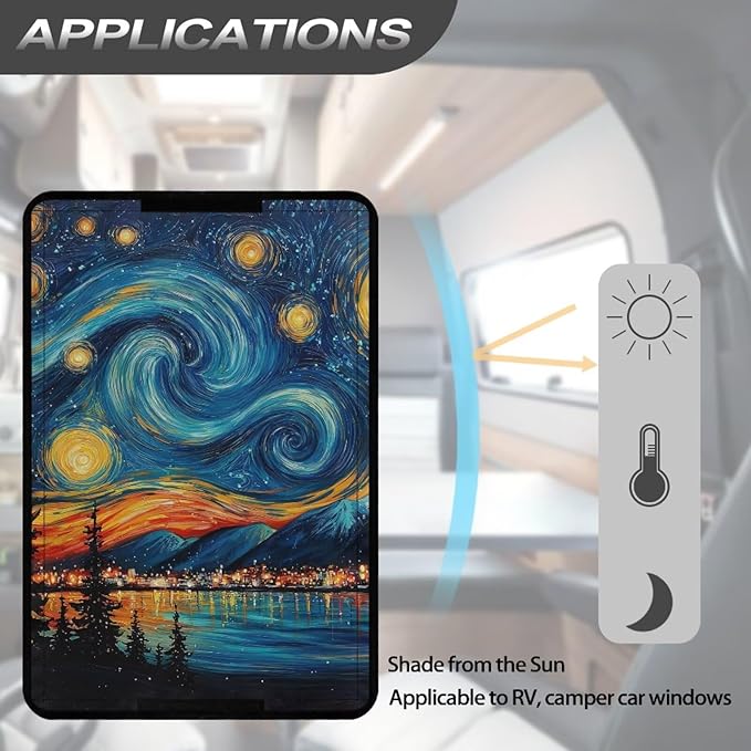 RV Window Shade Cover with Oil Painting Starry Sky, RV Door Window UV Protective Cover, Foldable Travel Trailer Motorhome Rv Screen Door Protector