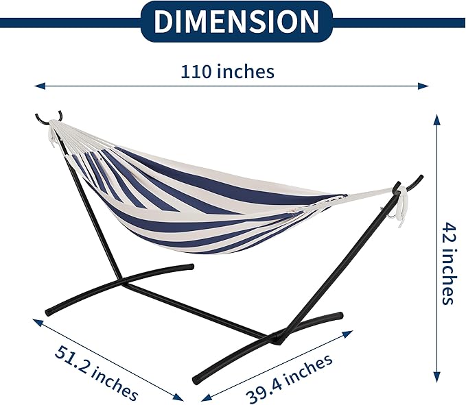 Double Hammock with Steel Stand - 2 Person Hammock Bed Indoor Outdoor, Brazilian-Style, with Carry Bag, 450lb Capacity, Portable & Easy Assembly, Blue&White