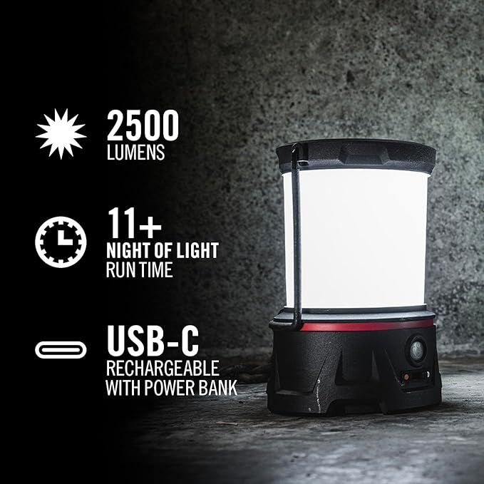 COAST EAL40R 2500 Lumen Rechargeable Emergency Camping Lantern with Red Flashing Mode, Carabiner, Diffuser, Foldeable Handle, Moonglow™ Low Mode, Illuminated Power Button, USB-C Power Bank