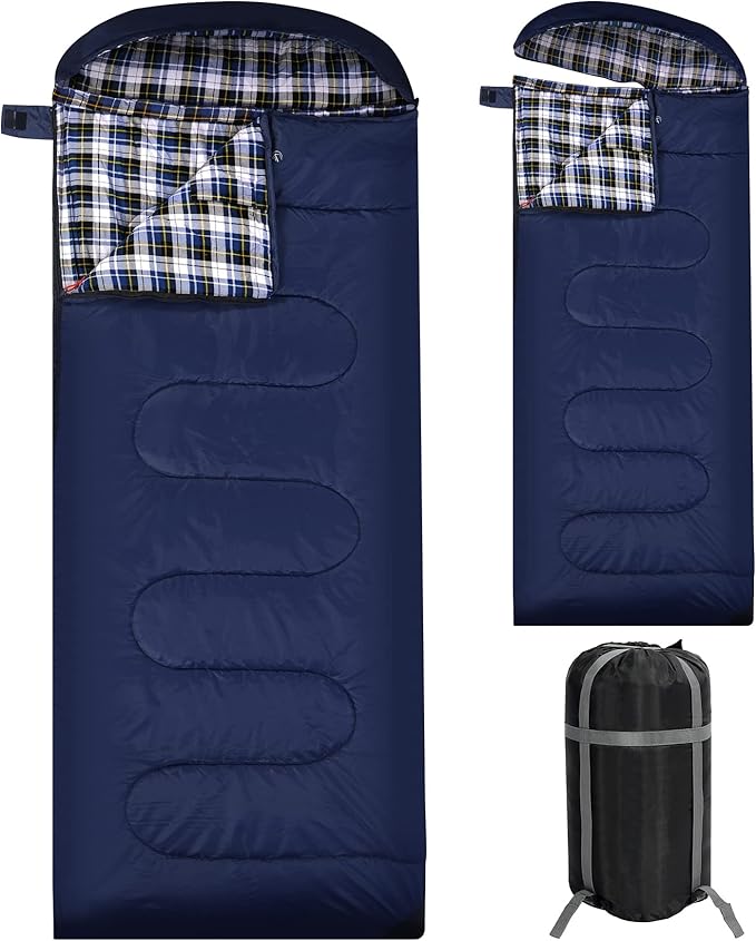 REDCAMP Flannel Sleeping Bag for Adults, Comfortable Cotton Sleeping Bags for Camping with Detachable Hood, Red/Grey/Blue/Black