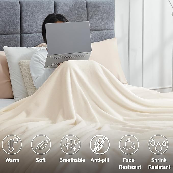 Hansleep Fleece King Size Blanket for Bed Beige, Super Soft Flannel Fuzzy Plush Cozy Blanket for All Seasons, Beige, King 90x108 Inches