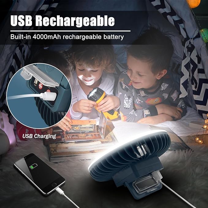 Portable Camping Fan with LED Lantern USB Rechargeable Waterproof Tent Fan with Hanging Hook Magnet Survival Kits for Indoor Outdoor Hiking Car Office Desk Outdoor Emergency Power Outage
