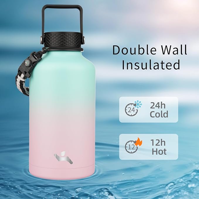 Konokyo Half Gallon Insulated Water Bottle with Straw,64 oz 3 Lids Water Jug with Carrying Bag,Paracord Handle,Double Wall Vacuum Stainless Steel Metal Flask,Gum