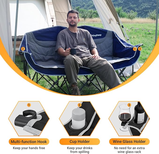 KingCamp 3 Person Camping Chair, Oversized 1100lbs Heavy Duty Loveseat for Adults Portable Folding XL 2 Person Couch Padded Comfortable Three Seat with Cup Holder for Outdoor Lawn Backyard, Black/Grey