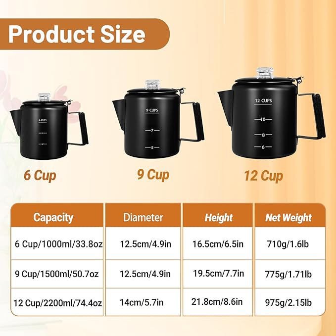 No Coating 12 Cup Percolator Coffee Pot 304 Stainless Steel Moka Pot Stovetop Espresso Maker Italian Greca Cuban Machine 2200ml 74.4oz Suitable for Gas Induction Stovetop Camping Kettle