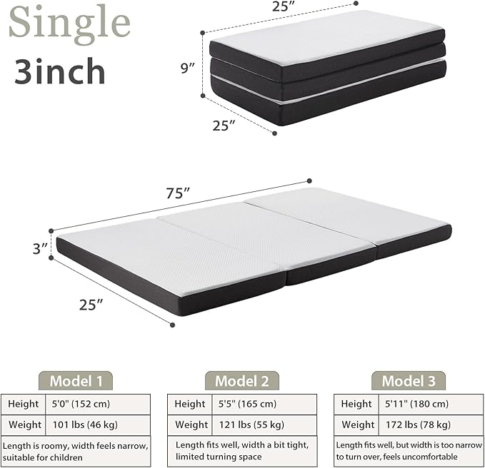 Tri Fold Memory Foam Foldable Mattress Single, 3 inch Folding Mattress for Guest Sleep. Portable Trifold Mat with Removable Washable Cover, Floor Sleeping Mat for Adult and Kid