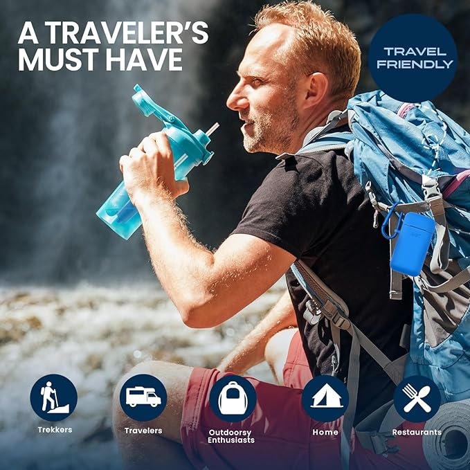 Mist Reusable Straw, Collapsible Reusable Metal Water Filtering Straw Removes Chlorine & Odor, BPA-Free, Portable, Stainless Steel, Filter Straw With Carry Case, Brush, Travel-Friendly, Navy