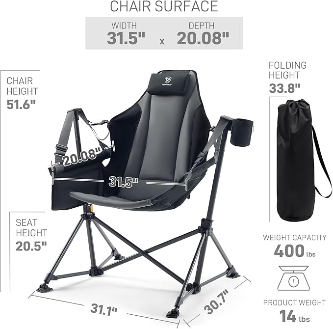 EVER ADVANCED Padded Oversized Hammock Camping Chair, Compact Heavy Duty Swing Chair with Multi-Storage Pockets, Portable Folding Rocking Camping Chair, Support Up to 400lbs, Black