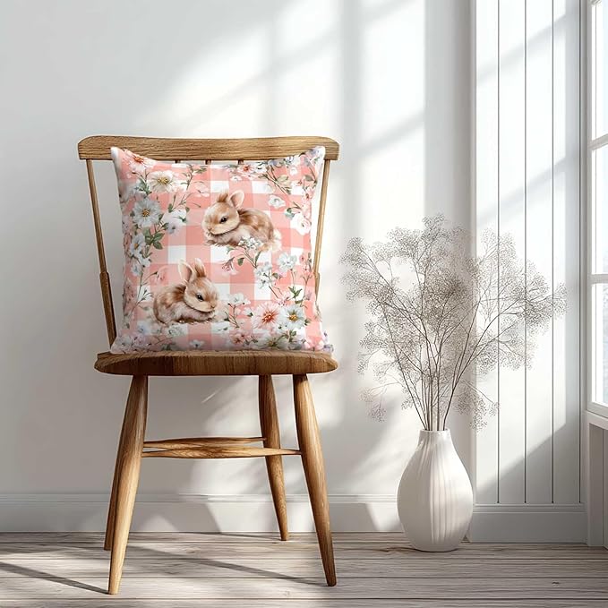 Bunny Throw Pillow Covers 18x18 Set of 2 | Pink Floral Rabbit Cushion Cases | Cute Easter Spring Gingham Decorative Pillow Covers for Couch Sofa Bedroom Girls Room