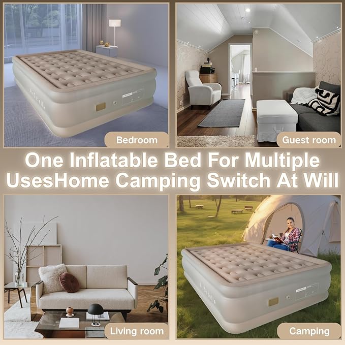 Semi-Frosted Full Air Mattress - 18 Raised Comfort Air Bed, 650lb Capacity w/USB Pump | Ultra Plush Khaki Velvet Top | Camping & Guest Bed | Fast Inflation & Leak-Proof