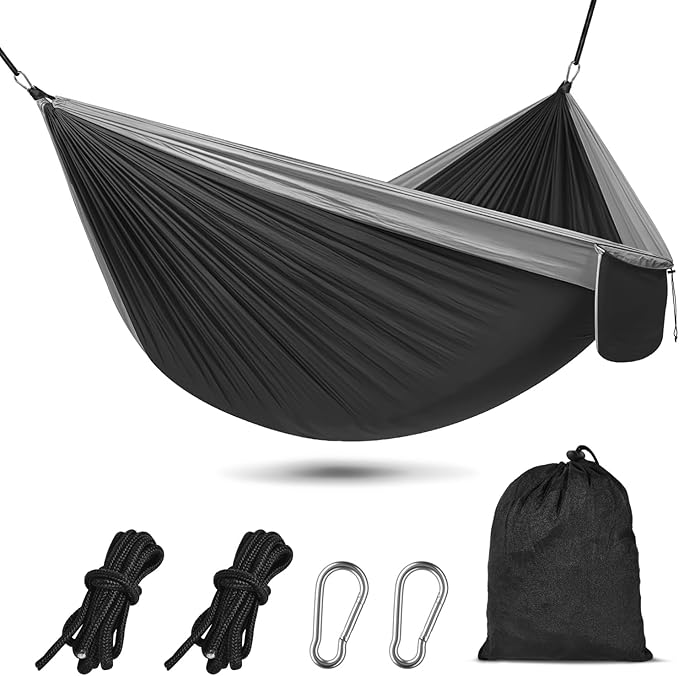 OBTANIM Camping Hammock 500lbs Portable Lightweight Single or Double Hammock with Tree Straps and Carry Bag for Camping Backpacking Hiking Travel Beach Outdoor Indoor (Gray and Black)